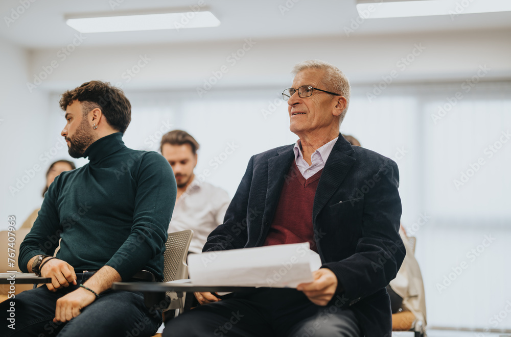 Canvas Prints Senior businessman attending a conference with colleagues in background.