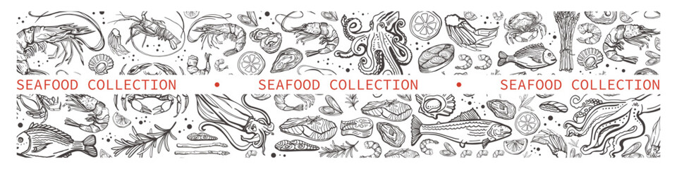 Big isolated vector collection of seafood. Shrimps, langoustines, prawns, salmon, trout, oysters, mussels, squid, crab, lemon, asparagus, dorado. Hand-drawn seafood, restaurant and marine cafe menu.