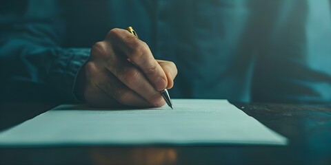 Businessman signing contract during corporate meeting to finalize business deal or legal decision. Concept Business deal, Corporate meeting, Contract signing, Legal decision, Businessman - obrazy, fototapety, plakaty