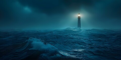 An old lighthouse shines a guiding light against a dark seascape offering hope and safety to sailors. Concept Architecture, Light Symbolism, Nautical History, Seascapes, Navigation - obrazy, fototapety, plakaty