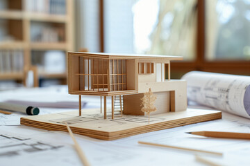 Fototapeta na wymiar Architect desk with real estate plan, housing proprty model, concept of architecural planing (3)