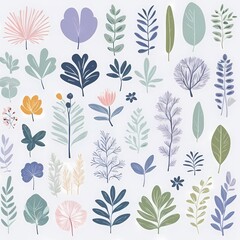 A collection of seamless pattern, colorful abstract plants and flowers. Hand drawn Collection of leaves and flowers. A close up of a pattern of flowers and leaves.
