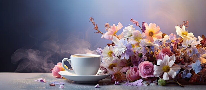 A scene featuring a cup of coffee and a lovely bouquet of flowers displayed on a table