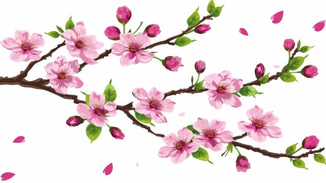  a branch of a blossoming tree with pink flowers and green leaves on a white background with a white background.