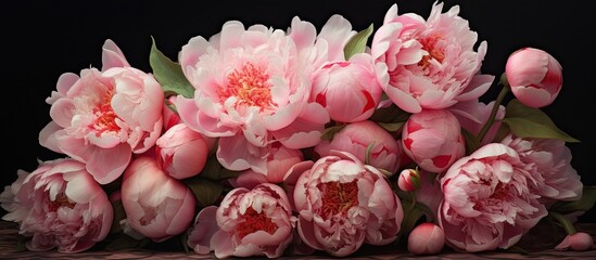 A variety of pink flowers are displayed neatly on a flat surface indoors