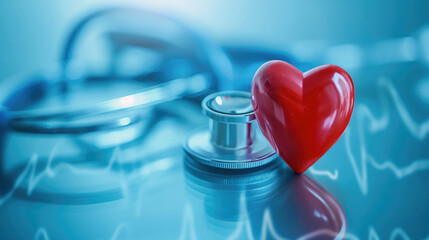 Stethoscope and red heart on blue bokeh background. Health care concept.