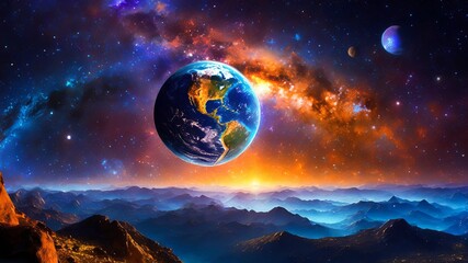 View of planet Earth from a mountain peak, showcasing planets vast landscapes and natural beauty