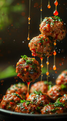 Succulent Glazed Meatballs with Herb Garnish in Mid-Air