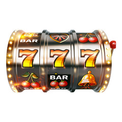 Glowing, classic, casino slot machine reel with lucky number seven win the jackpot money.