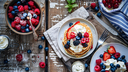 Patriotic breakfast flat lay for July 4th with pancakes berries and whipped cream in red white and blue.