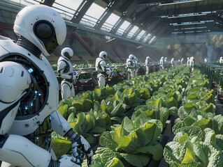 A group of robots are tending to a field of lettuce. The robots are white and have blue accents. Scene is futuristic and somewhat eerie