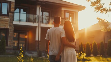 Young couple in love on the background of a beautiful house at sunset. Rent and purchase of real estate concept  - obrazy, fototapety, plakaty