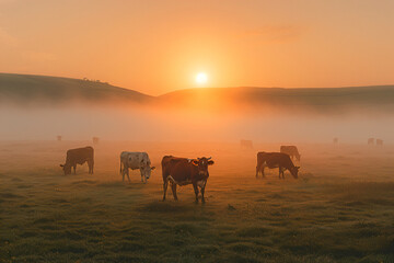 Fototapeta na wymiar Panorama of grazing cows in a meadow with grass. Sunrise in a morning fog. Livestock grazing, cows in field. Agriculture industry, farming and animal husbandry concept