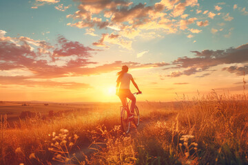 Naklejka na ściany i meble Sunset Ride, Embracing the Serenity of Cycling through Golden Fields, ps enhanced 