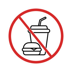 No food and drink forbidden sign. No hamburger, no drink linear icons. Round red sticker. Vector illustration