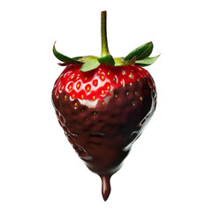 Single, large juicy dessert strawberry half covered with chocolate on a transparent background