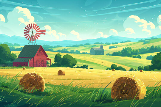 Rural landscape with a farm on field. Beautiful nature with sunny green hills, red old barn and blue sky. Country background for card, banner, poster