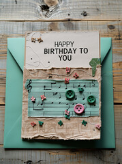 Birthday card with the text "Happy Birthday to you," in warm earthy and green tones, adorned with buttons and musical notes, artistically decorated