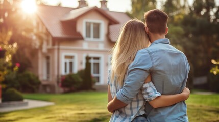 Young couple in love hugging and kissing in front of their new house. Rent and purchase of real estate concept  - obrazy, fototapety, plakaty
