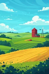 Rollo Rural landscape with a farm on field. Beautiful nature with sunny green hills, red old barn and blue sky. Country background for card, banner, poster © ratatosk