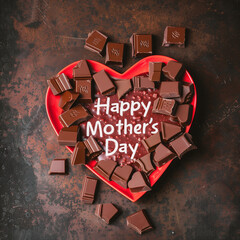 Heart shape made of chocolate chunks with Happy Mothers day text.