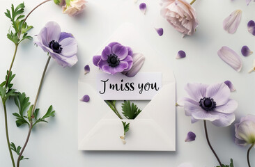 Envelope full of violet anemones with text I MISS YOU