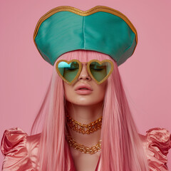 Fashionable girl with pink hair wearing  heart-shaped sunglasses and a hat.Petroleum green and pink colors.Minimal creative fashion concept