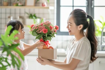 Little asian daughter greeting her mom with mother day. Girl present red flowers for woman. Happy family, motherhood, childhood, celebration birthday, 8 march holiday, togetherness. Happy relationship