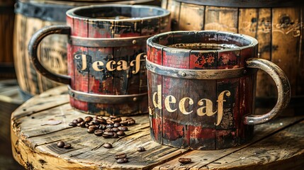 A mug of decaf coffee on a dark brown background, with "decaf" written on the mug.
Concept: healthy lifestyle and caffeine-free drinks, alternatives to classic coffee.
