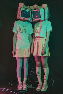 Two girls with vintage televisions on their heads.Minimal creative fashion and technology concept