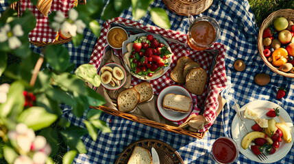 Patriotic picnic basket flat lay with sandwiches fruit salad and iced tea.