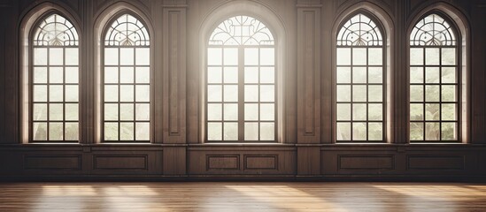 A close-up view of a room featuring three windows and a wooden floor