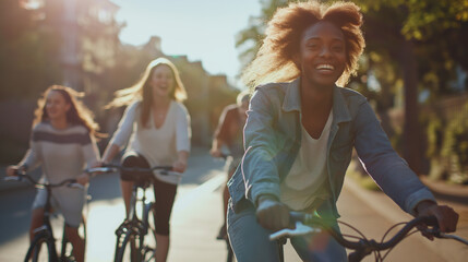 Fototapeta premium A dynamic shot of diverse friends cycling together down a city bike path, their movement and laughter encapsulated in the soft light of late afternoon, creating a sense of motion a