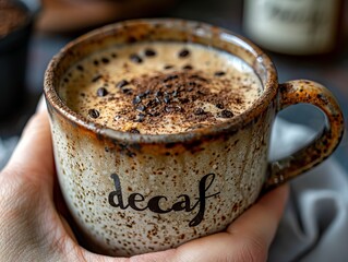 A mug of decaf coffee on a dark brown background, with "decaf" written on the mug.
Concept: healthy lifestyle and caffeine-free drinks, alternatives to classic coffee.