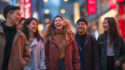 A vibrant group of young friends from diverse backgrounds laughing and walking side by side along a bustling urban street, their joyful expressions lit by the soft glow of the city