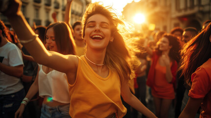 Fototapeta na wymiar A joyful crowd of young people dancing and celebrating in a city square, surrounded by historic architecture, the scene bathed in the golden hour light that enhances their diverse