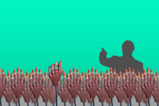 A crowd of mannequins raise their hands on a turquoise background, symbolizing unity or voting. One hand Fig sign, and a dark figure points with a finger. Concepts of choice, leadership and protest