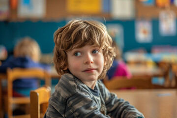Curious Child in Classroom with Blue Eyes.