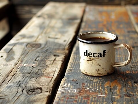 A mug of decaf coffee on a dark brown background, with "decaf" written on the mug.
Concept: healthy lifestyle and caffeine-free drinks, alternatives to classic coffee.