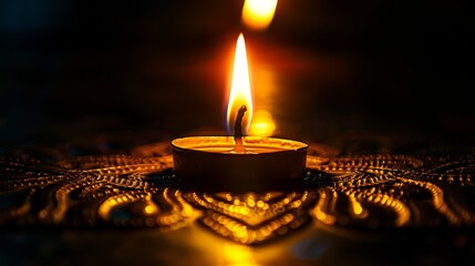  a lit candle sitting on top of a table next to a doily with a candle on top of it. - obrazy, fototapety, plakaty
