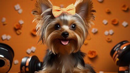 Groomed little cute Yorkshire Terrier combed with a comb on background with copy space. Banner template for grooming salon. Generative AI.