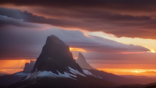 Mountain peak with dark storm clouds. Cinematic look. Sunset. Golden hour. 