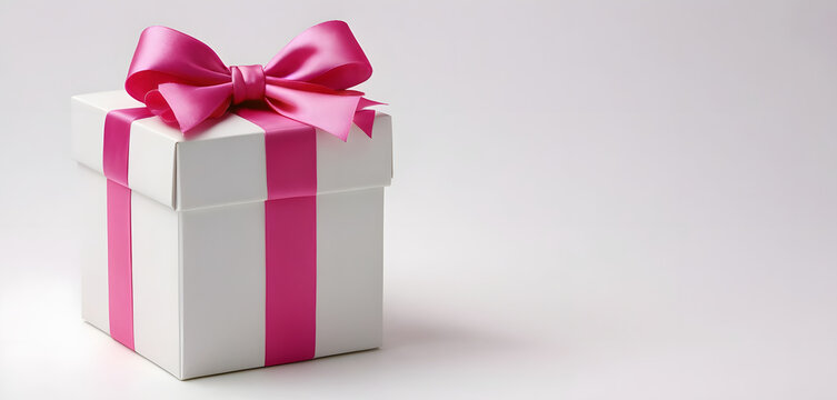 white box with pink bow, focus on box, white background mothers day concept  