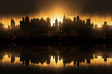 Fototapeta na wymiar A city skyline is silhouetted against a setting sun, casting reflections in the water below.