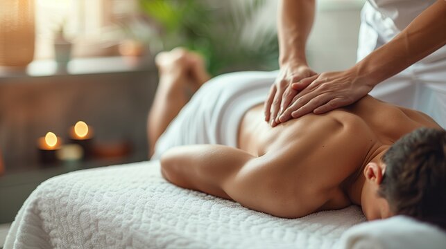Relaxed young man receiving back massage in spa salon. Relaxing treatment concept