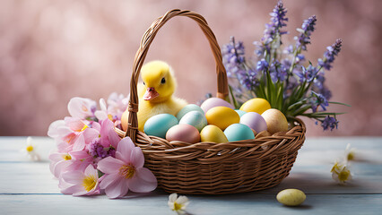 Duckling Amidst Easter Eggs, Adorable Chick Nestled in Basket Adorned with Colorful Eggs and Flowers - Festive Spring Celebration