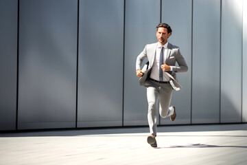 businessman in a suit runs along a city street. concept of business career and speed of solving work plans