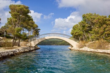 Big stone bridge in Veliko jezero in the Mljet National Park, Croatia
