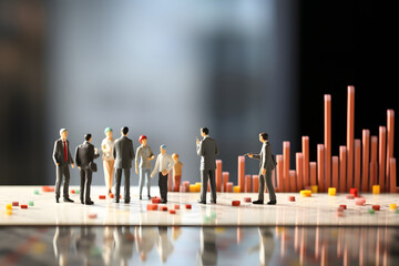 miniature people. group of businessmen with a graphical indicator of sales growth. discussion of business production income. building