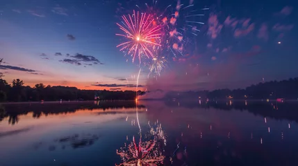 Foto auf Acrylglas Spectacular fireworks illuminating the night sky over a serene lake on the 4th of July. © Marcel